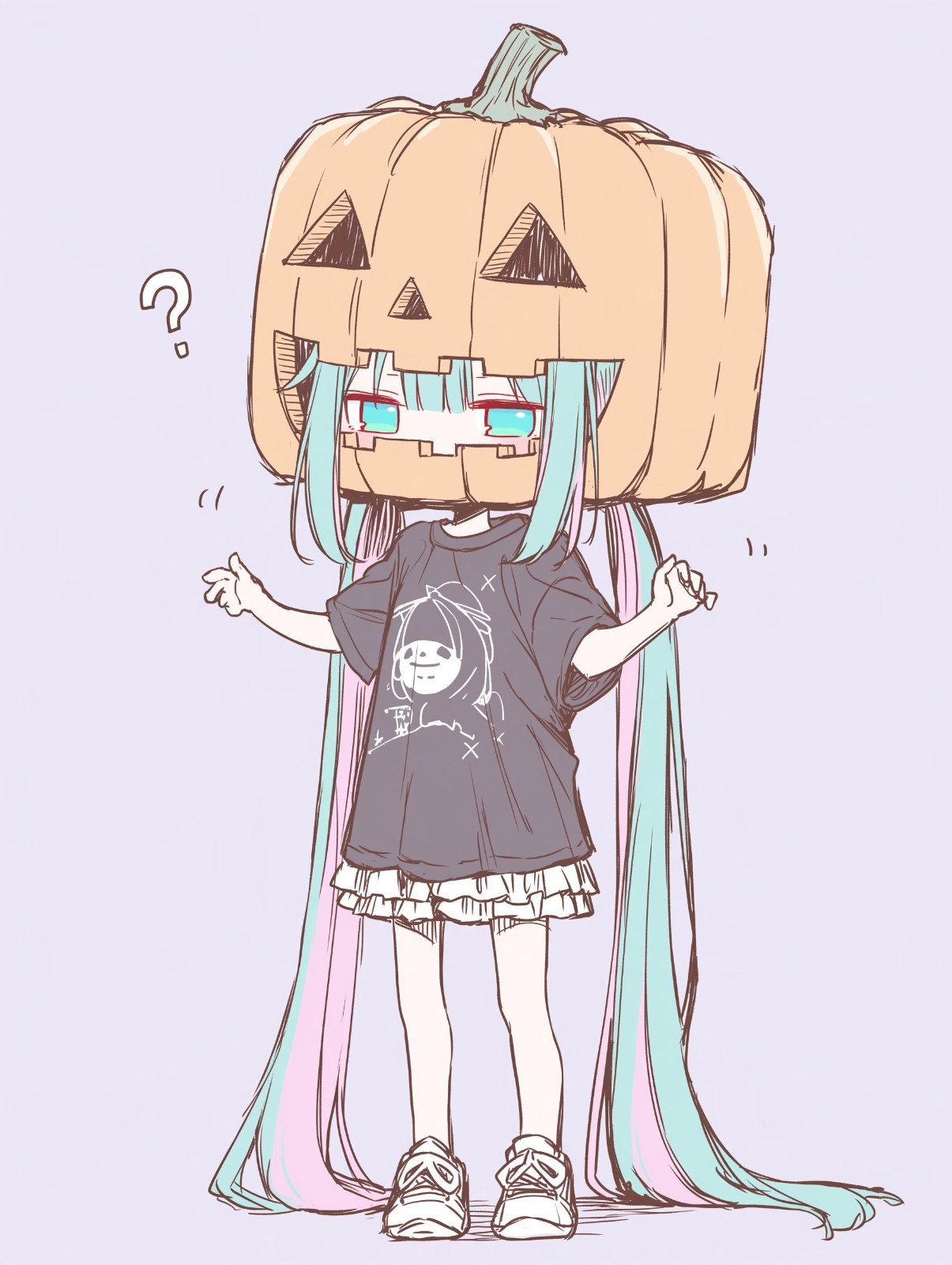 少女頭頂巨型南瓜燈，困惑地望向外界