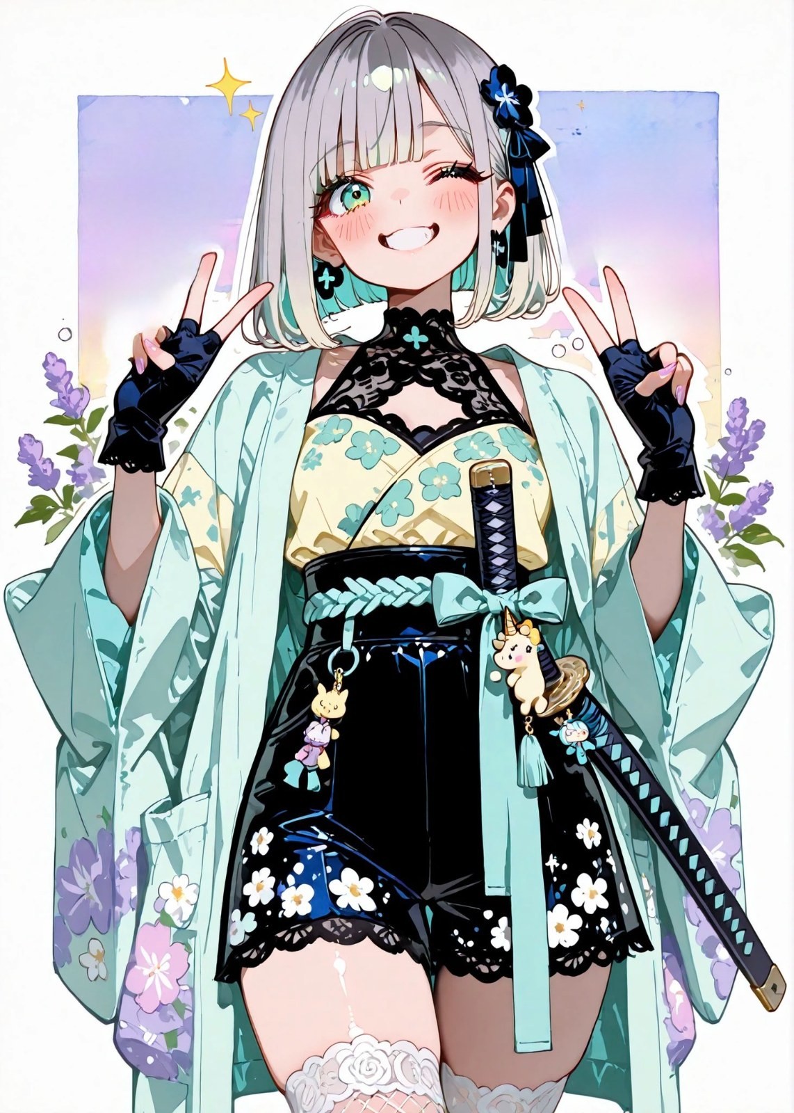 Gray-haired girl in mint green cardigan and kimono making peace sign