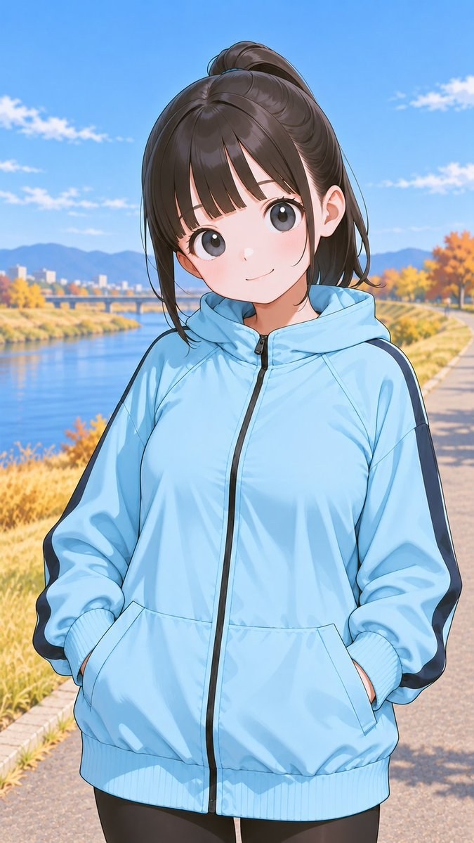 動漫少女穿淺藍連帽外套站秋日河畔微笑