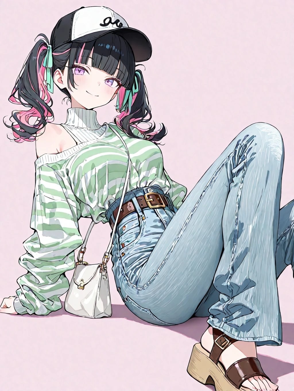 アニメスタイルの少女がハイネックセーターとジーンズを着ている