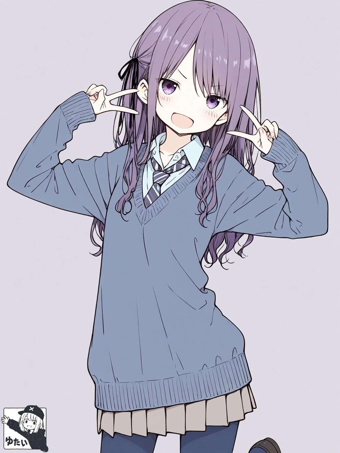 Chica anime de cabello lila con suéter azul claro de cuello V y falda plisada caqui haciendo signo de V