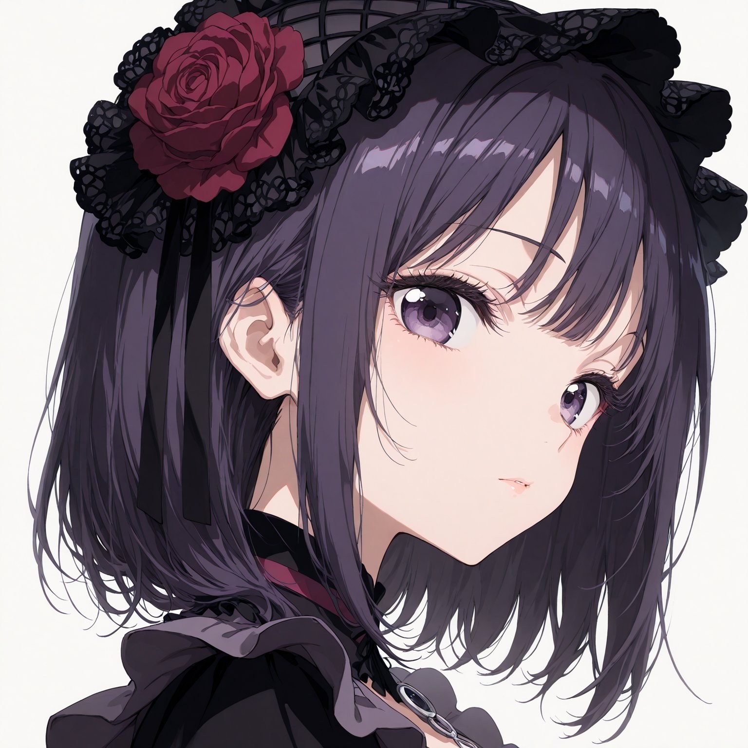 日系動漫少女深紫長髮側臉穿黑色哥特風服飾戴玫瑰髮箍