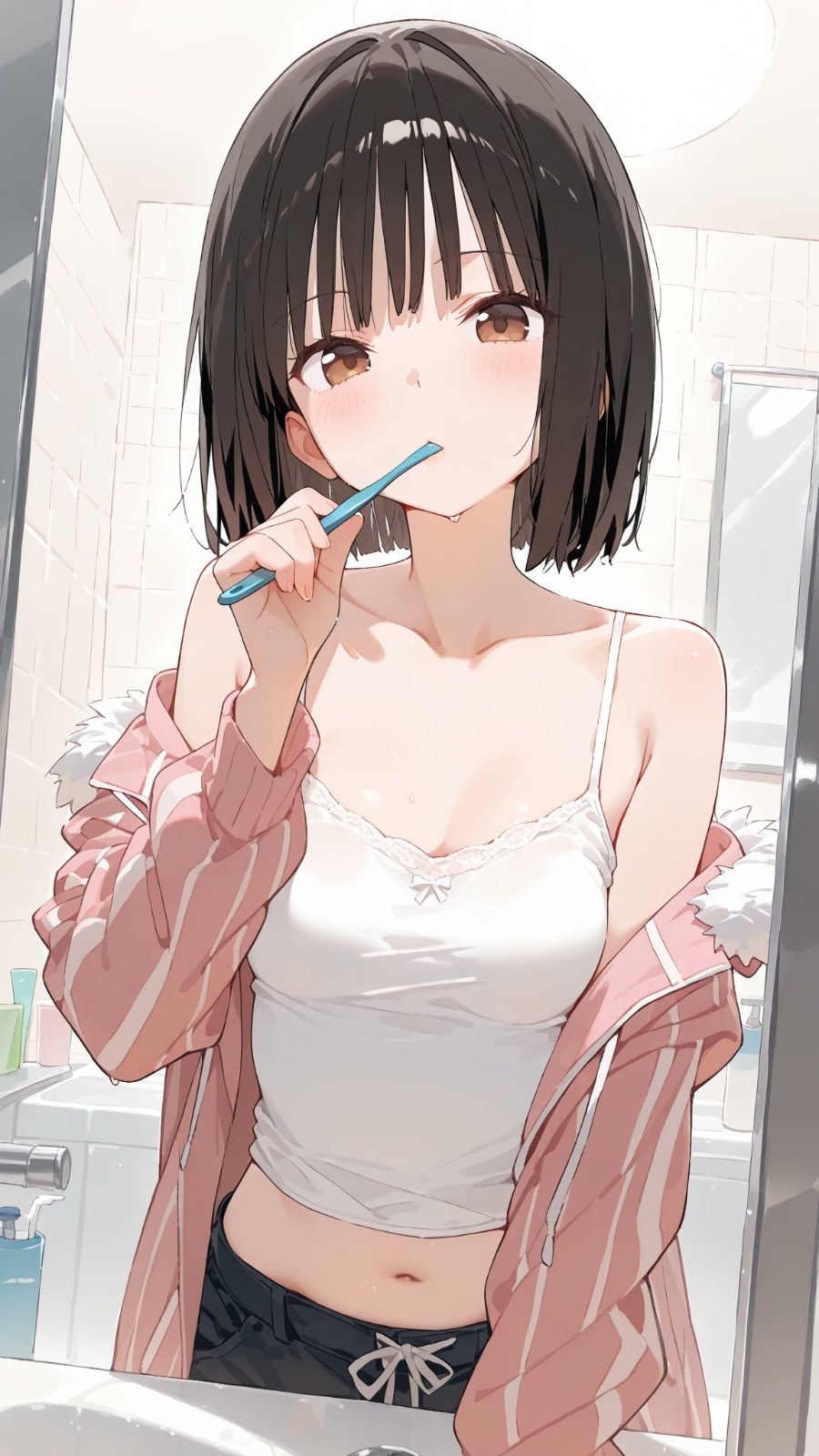 黑短髮齊瀏海年輕女性穿粉色條紋外套在浴室刷牙