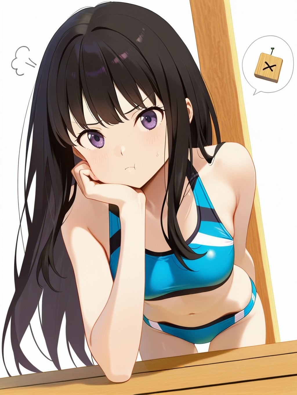 黑髮紫瞳動漫少女穿條紋比基尼趴木枱托腮賭氣