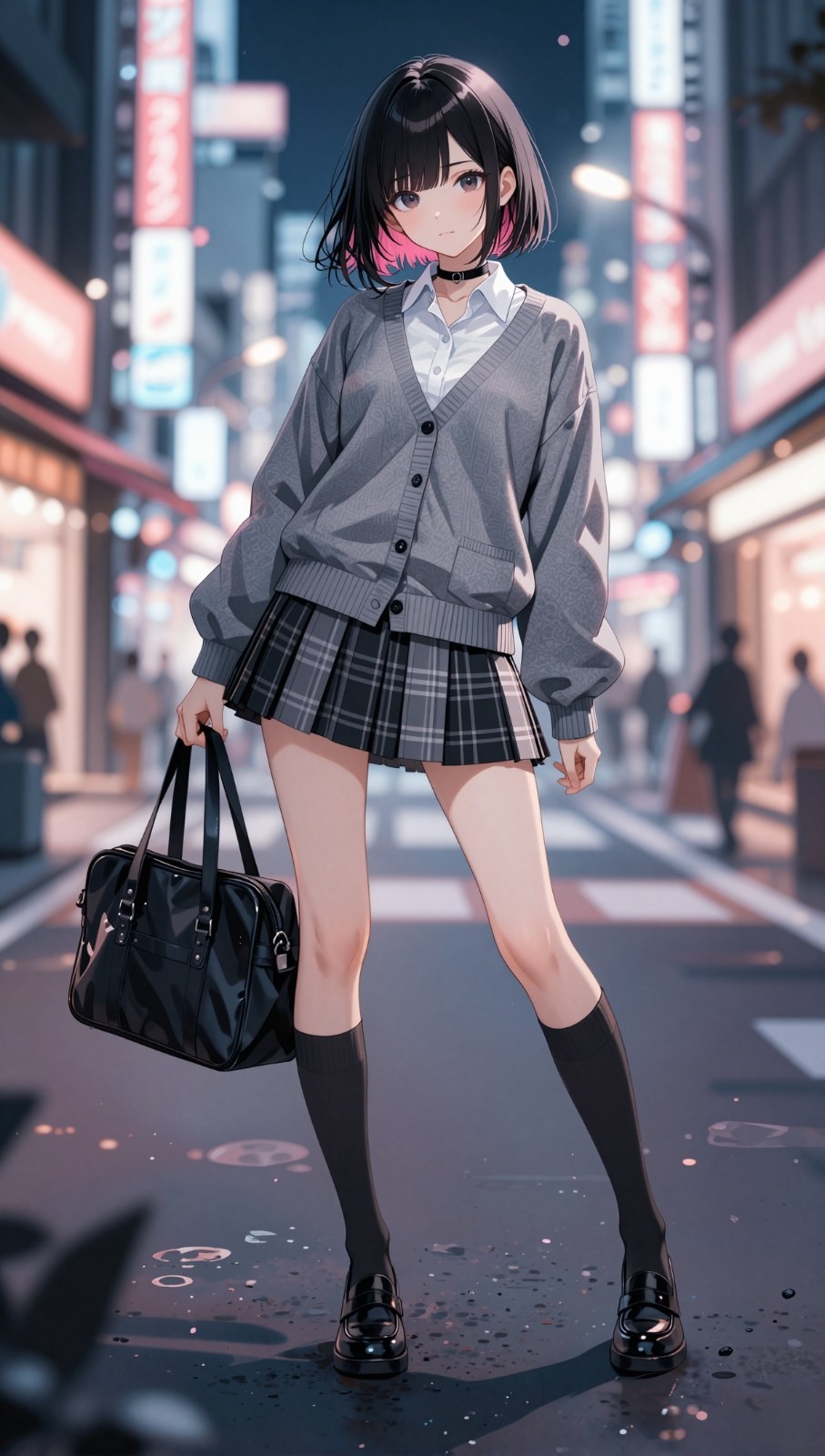 黑色短髮挑染粉色少女穿白襯衫灰開衫格紋短裙站在都市夜景街道