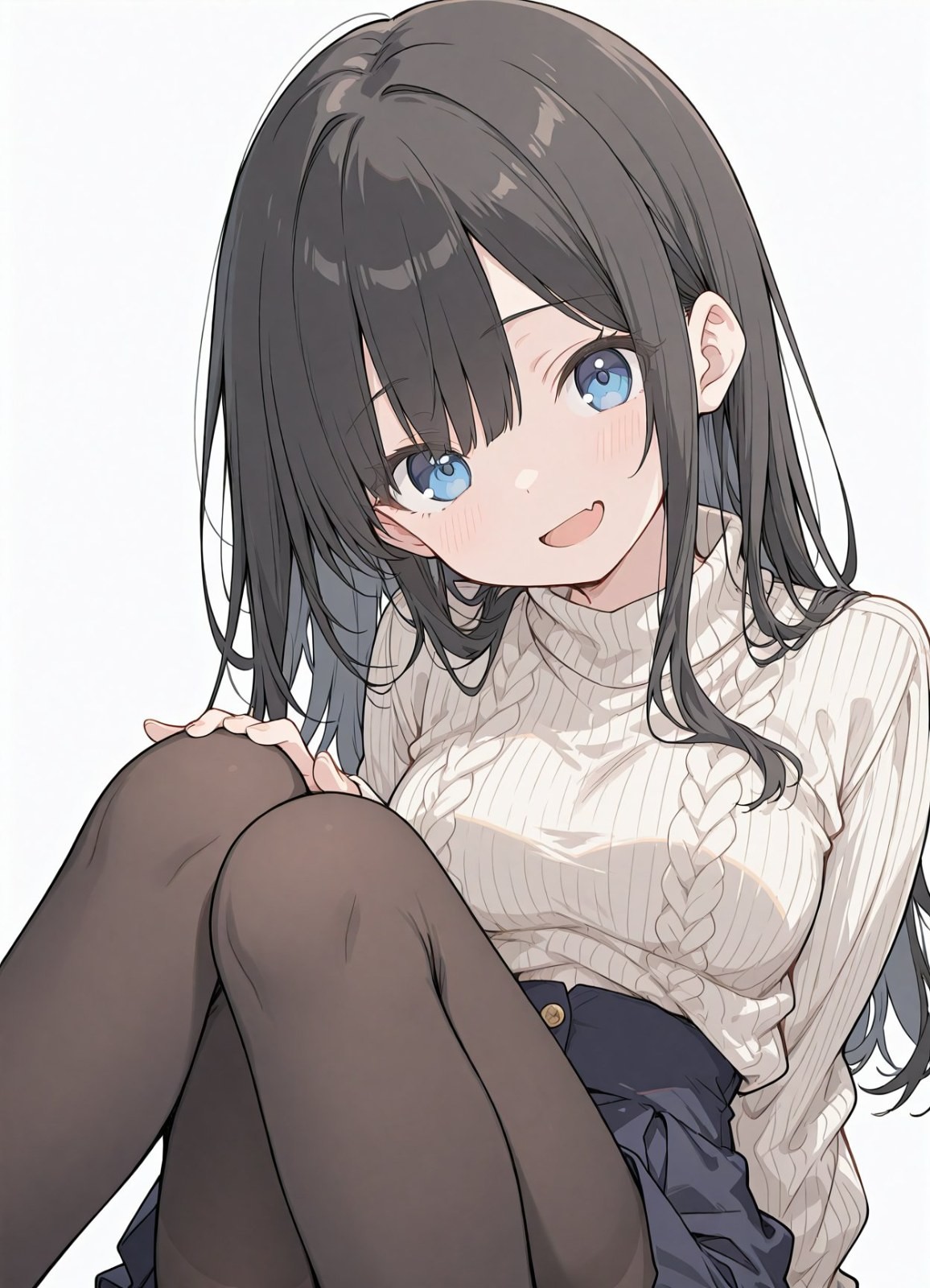 Fille anime aux longs cheveux noirs et yeux bleus en pull col roulé ivoire assise genoux contre elle