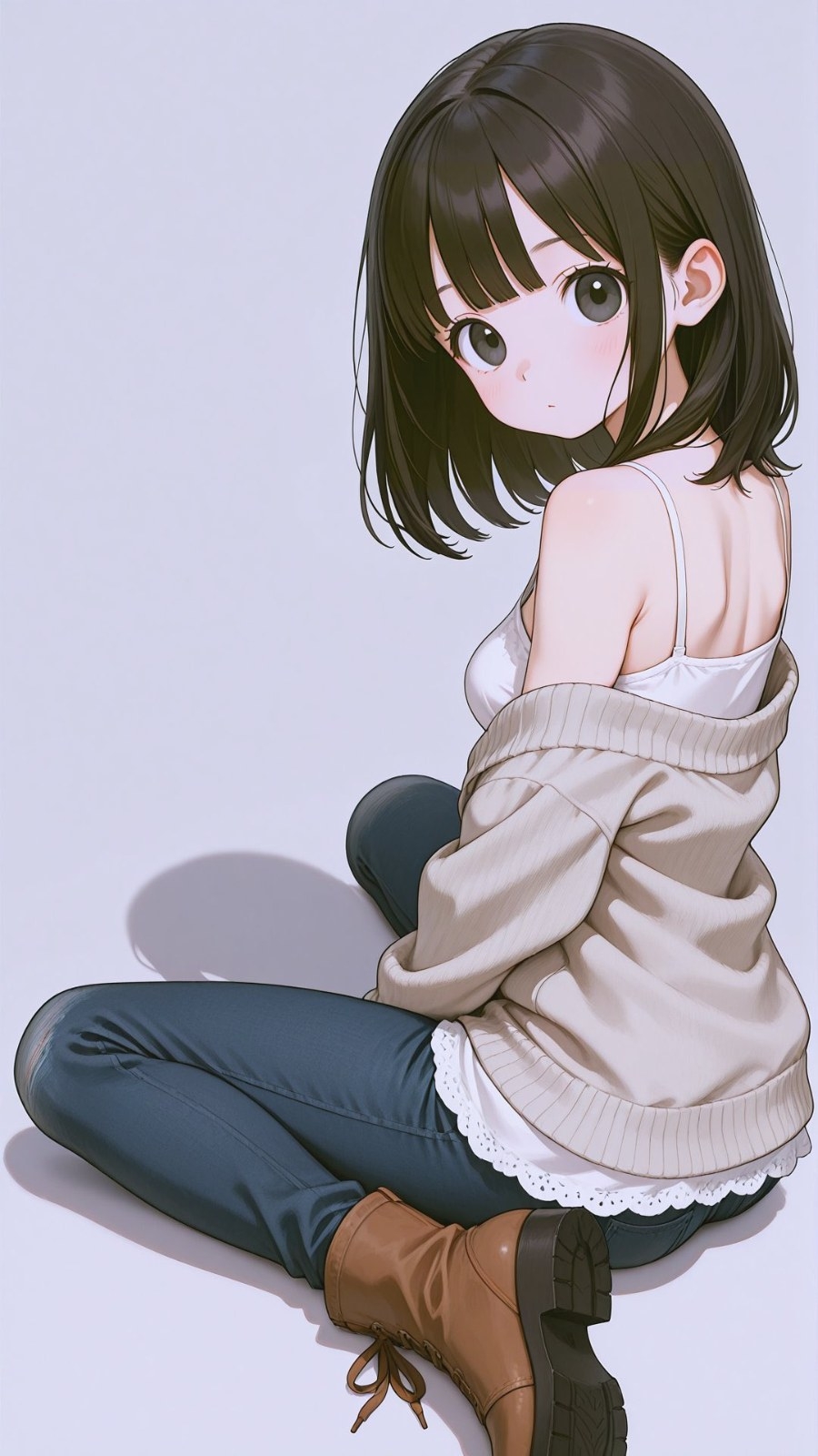 一位黑色短髮少女穿著白色背心和米色開衫，搭配深藍牛仔褲和棕色短靴