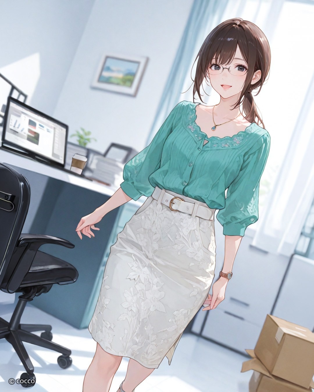 A young woman in round glasses wearing a green cardigan and white skirt