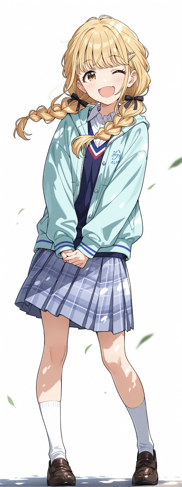 金髪ツインテールのアニメ少女がミントグリーンのパーカーと青チェックのプリーツスカートを着用