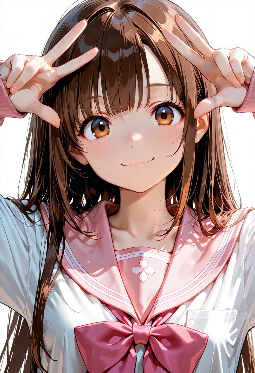 一位身穿水手服的动漫少女微笑比剪刀手