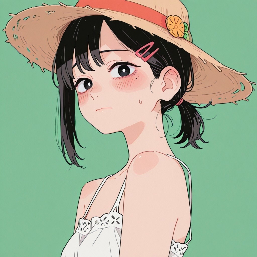 黑色短髮少女戴草帽穿白蕾絲露背裙