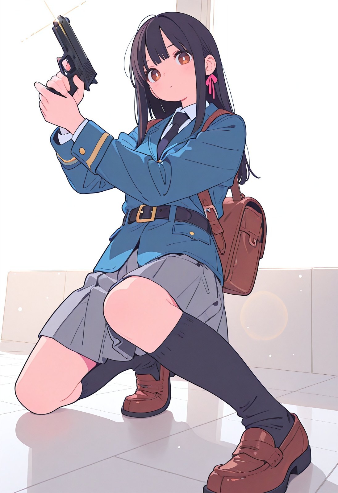 黑長髮動漫少女身穿藍色制服與灰色百褶裙，單膝跪地持槍瞄準