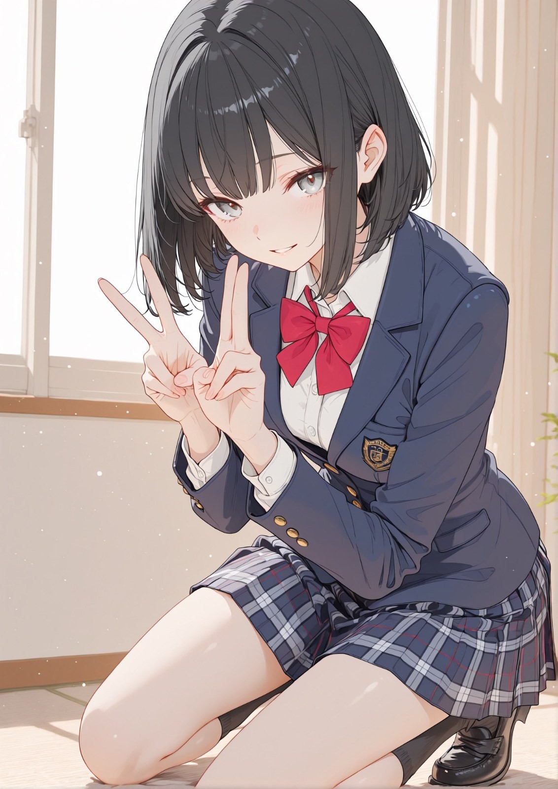 Short black-haired girl in navy school uniform and red bow sitting on wooden floor making peace sign