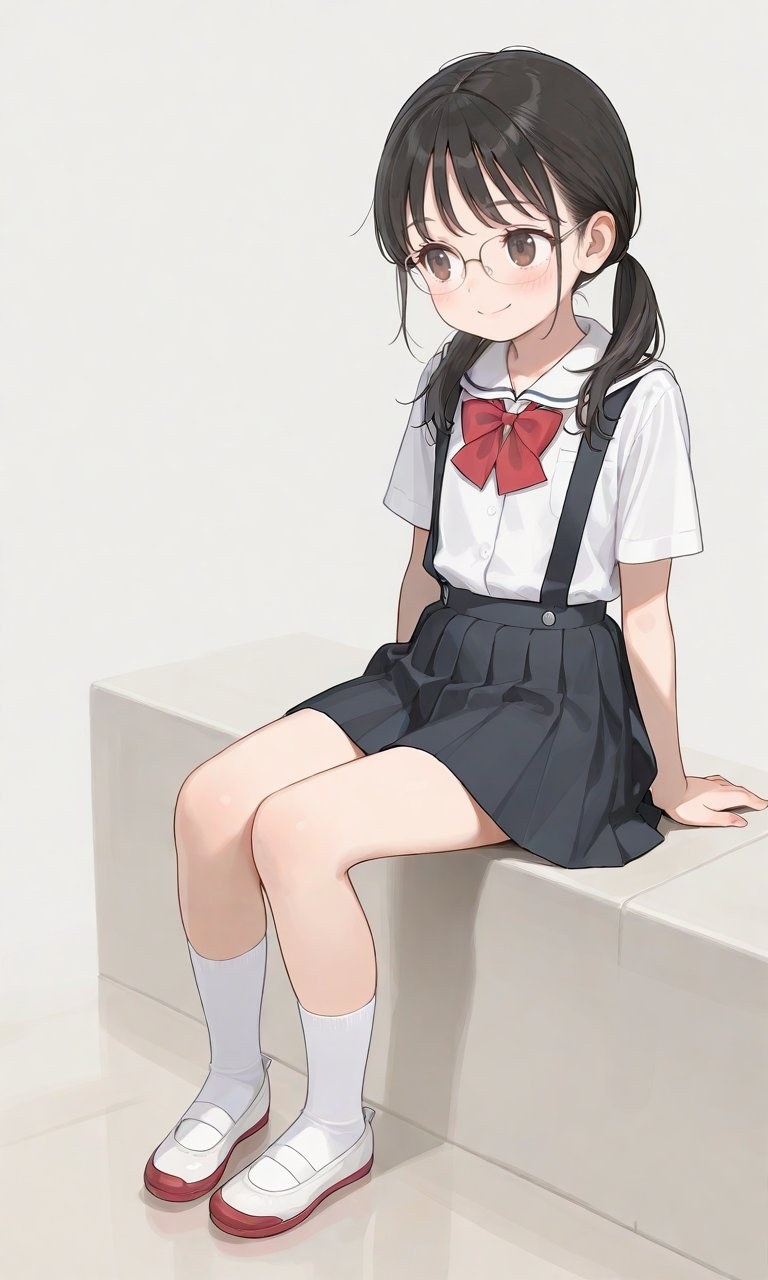 黑双马尾眼镜少女穿白衬衫红领结深色百褶裙坐立方体平台