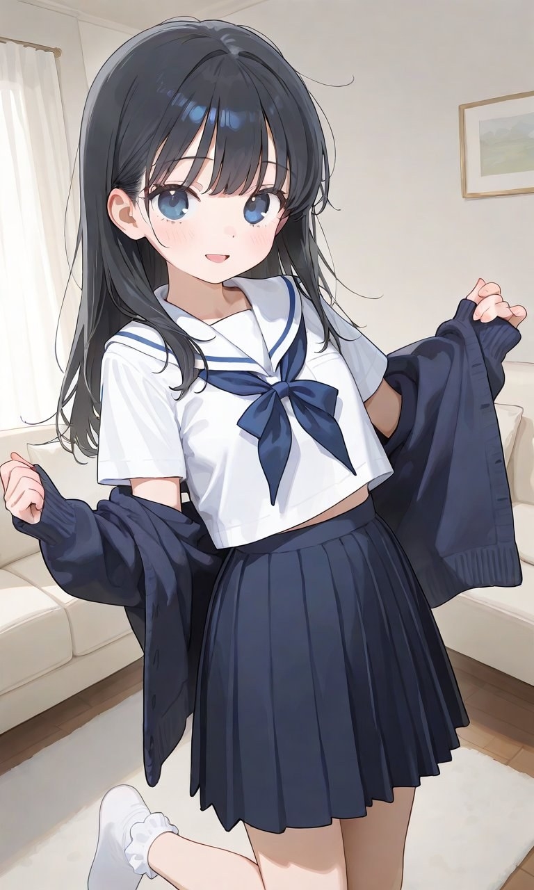 黒髪青目アニメ少女が明るいリビングでセーラー服とプリーツスカートを着てカーディガンを脱ぐ