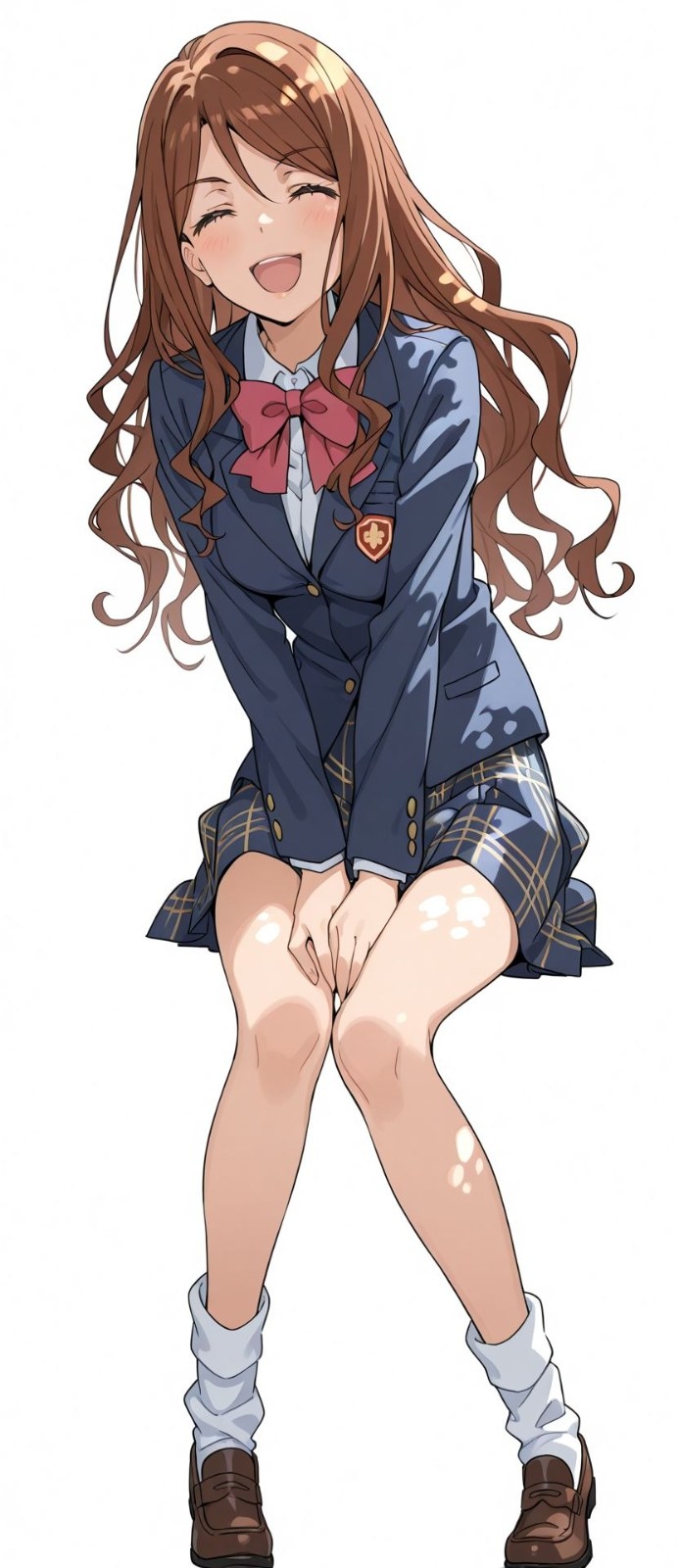 茶髪のアニメ少女が紺の制服で白背景に座り大笑い