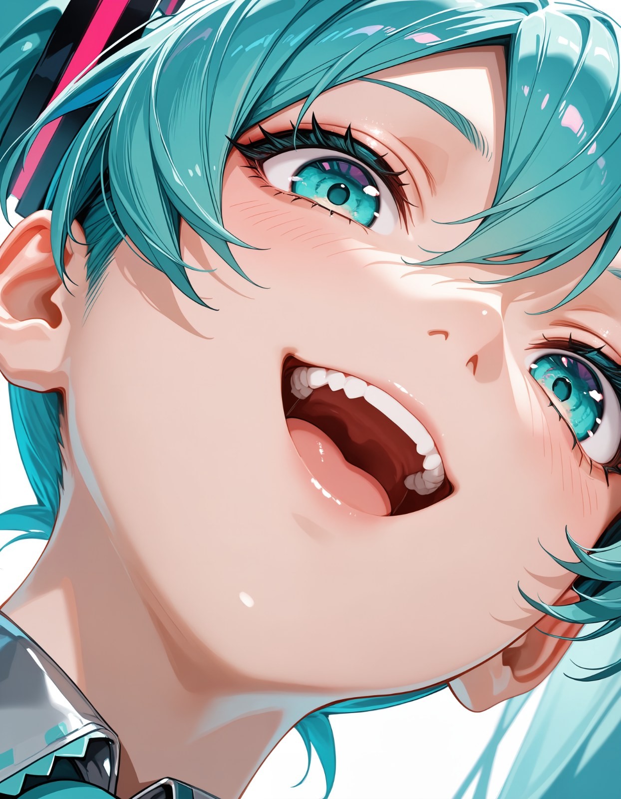 Close-up of an anime character with blue-green hair