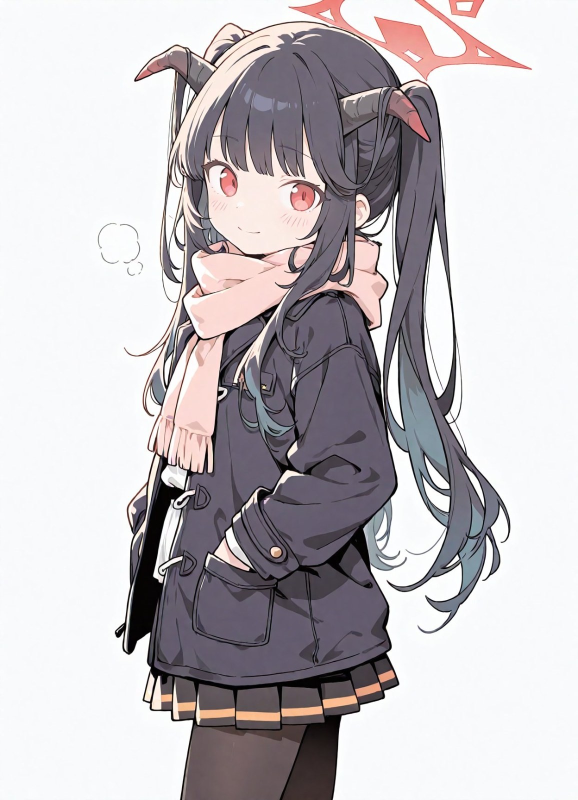 Garota anime com maria-chiquinha de cabelo degradê escuro veste jaqueta de trabalho e saia plissada
