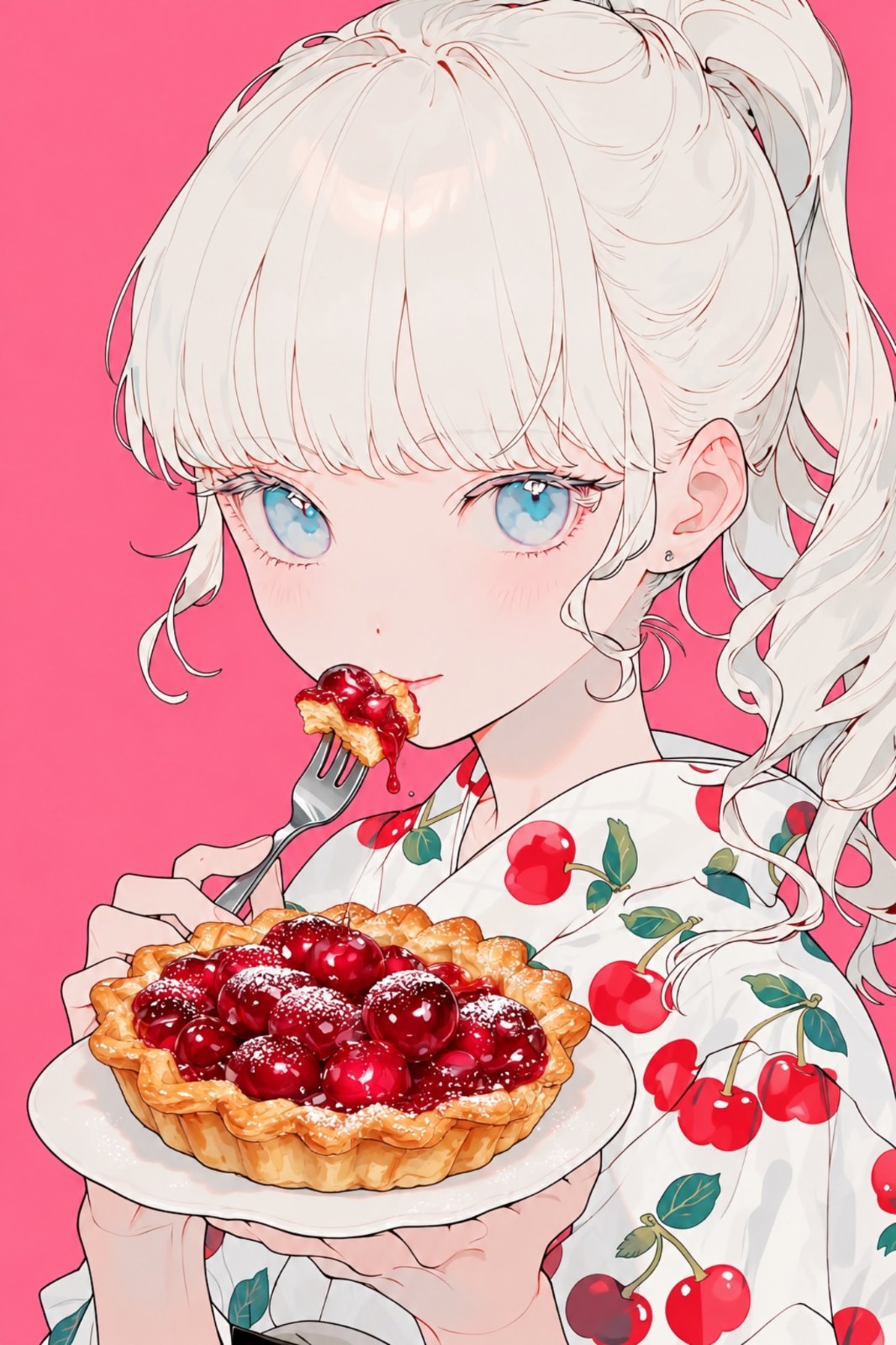A white-haired blue-eyed anime girl is enjoying cherry pie