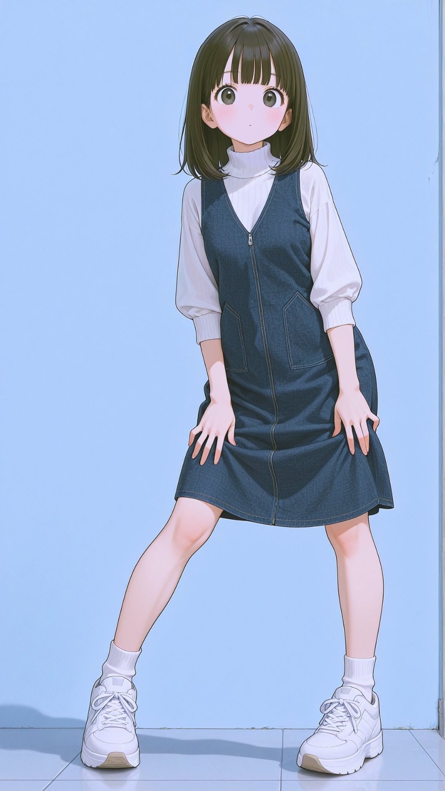 Fille aux cheveux courts et frange debout en robe chasuble en jean bleu