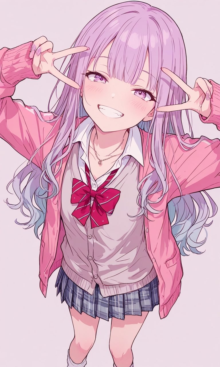 Fille aux cheveux violets en cardigan rose et jupe plissée à carreaux fait un V
