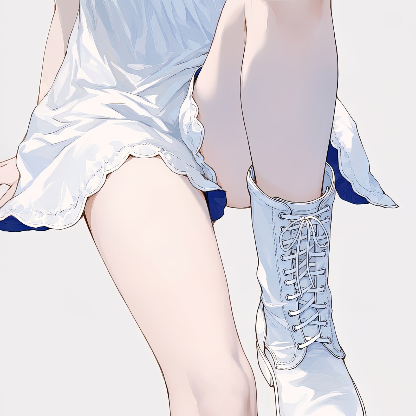 Anime style close-up of a woman in white thigh-high boots and a pleated dress
