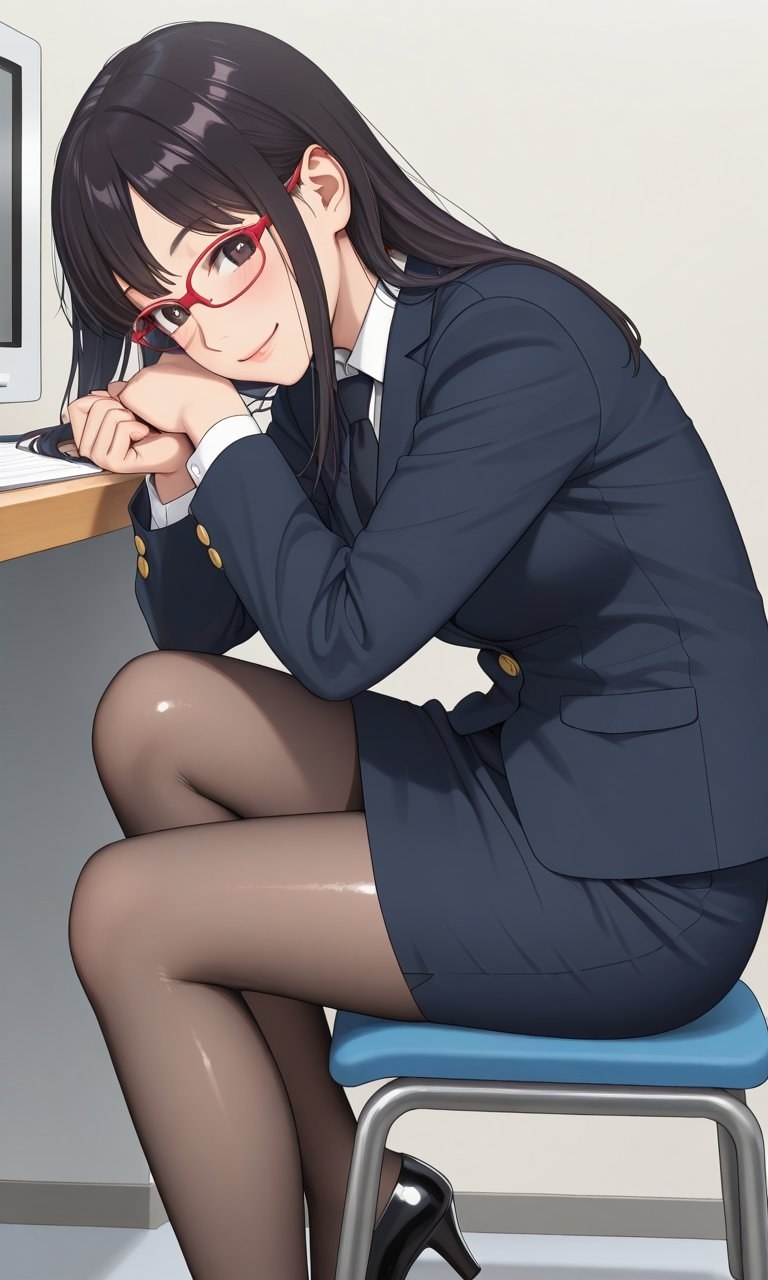 Femme style anime en tailleur bleu marine assise et souriante