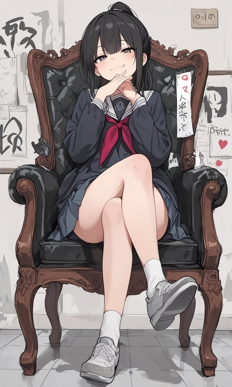 黑发高马尾少女穿深蓝水手服红领巾坐古典椅