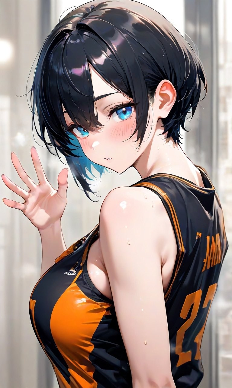 Un personnage féminin d'anime avec les cheveux courts noirs dans un débardeur de basket-ball dégagent une énergie juvénile