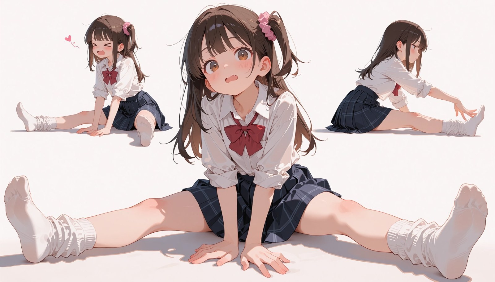 Une fille d'anime en uniforme scolaire japonais effectuant un écart