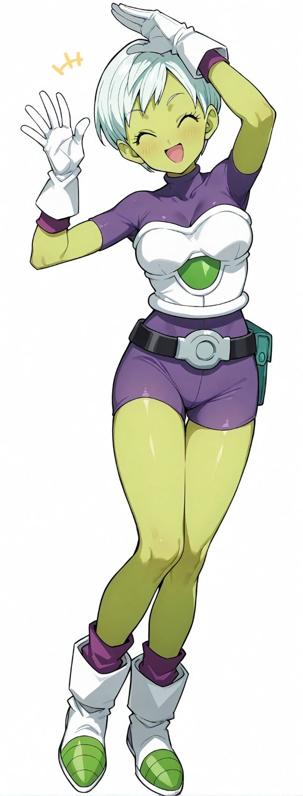 Grünhäutiges Anime-Mädchen mit weißem Haar in lila Anzug und weißen Stiefeln lächelt und winkt