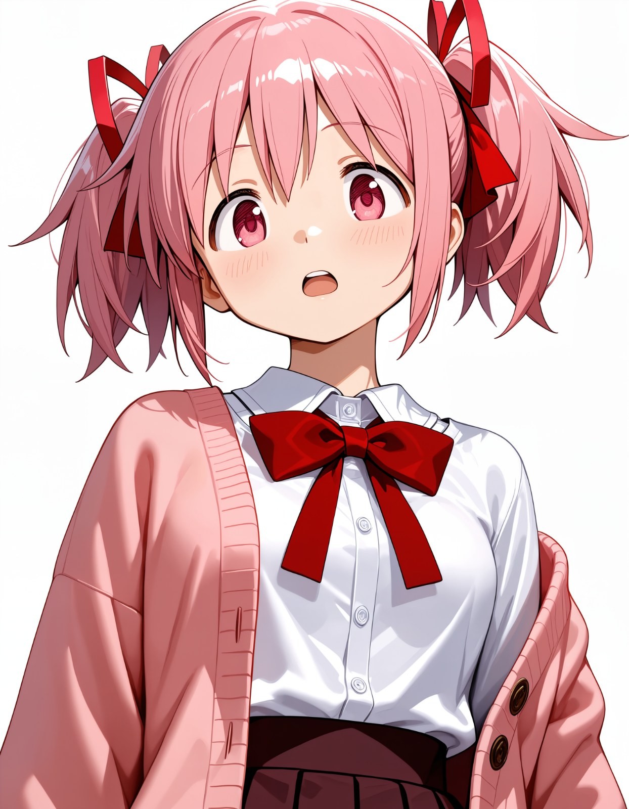 A pink twin-tailed anime girl with a red ribbon wearing a white shirt and pink cardigan