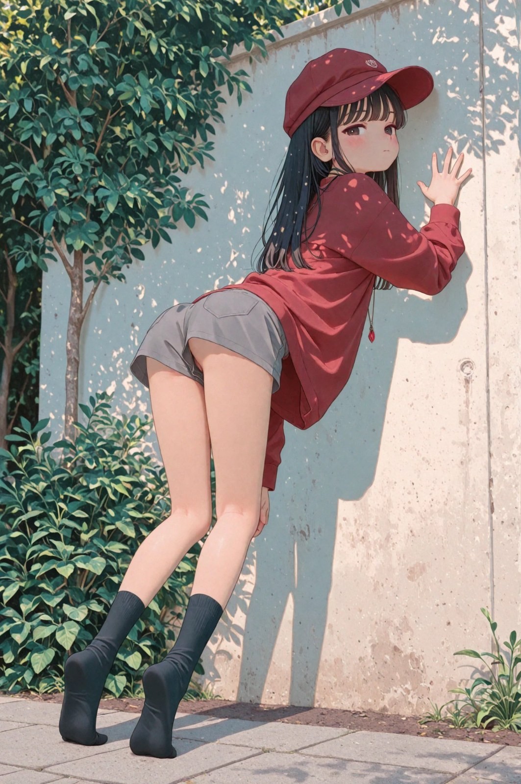 Schwarzhaariges Mädchen mit roter Kappe, roten Langarmshirt, hellgrauen Shorts und schwarzen Socken lehnt an der Wand und blickt zurück