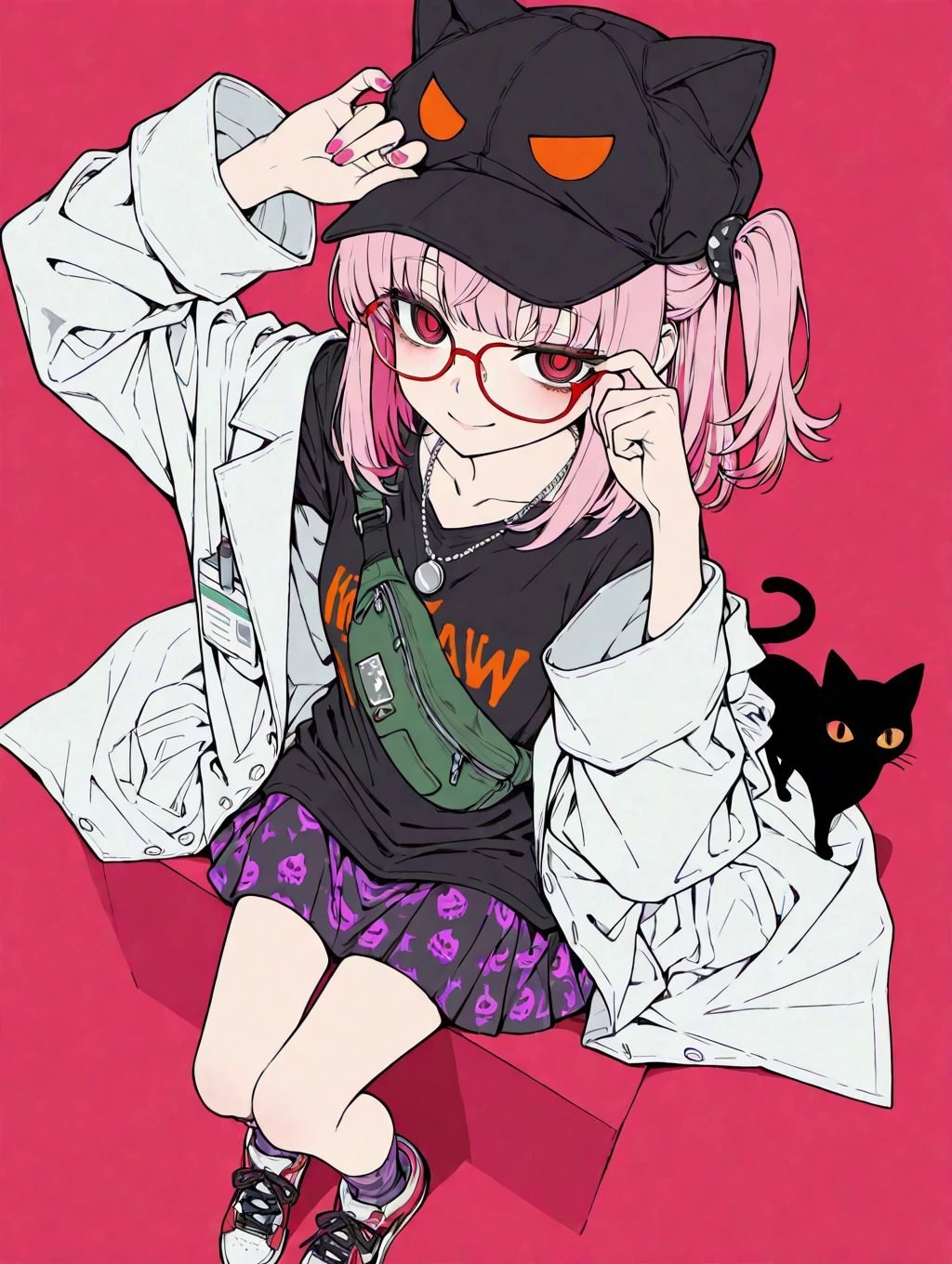 Ilustração de garota de cabelo rosa com chapéu de orelha de gato e saia roxa em fundo vermelho