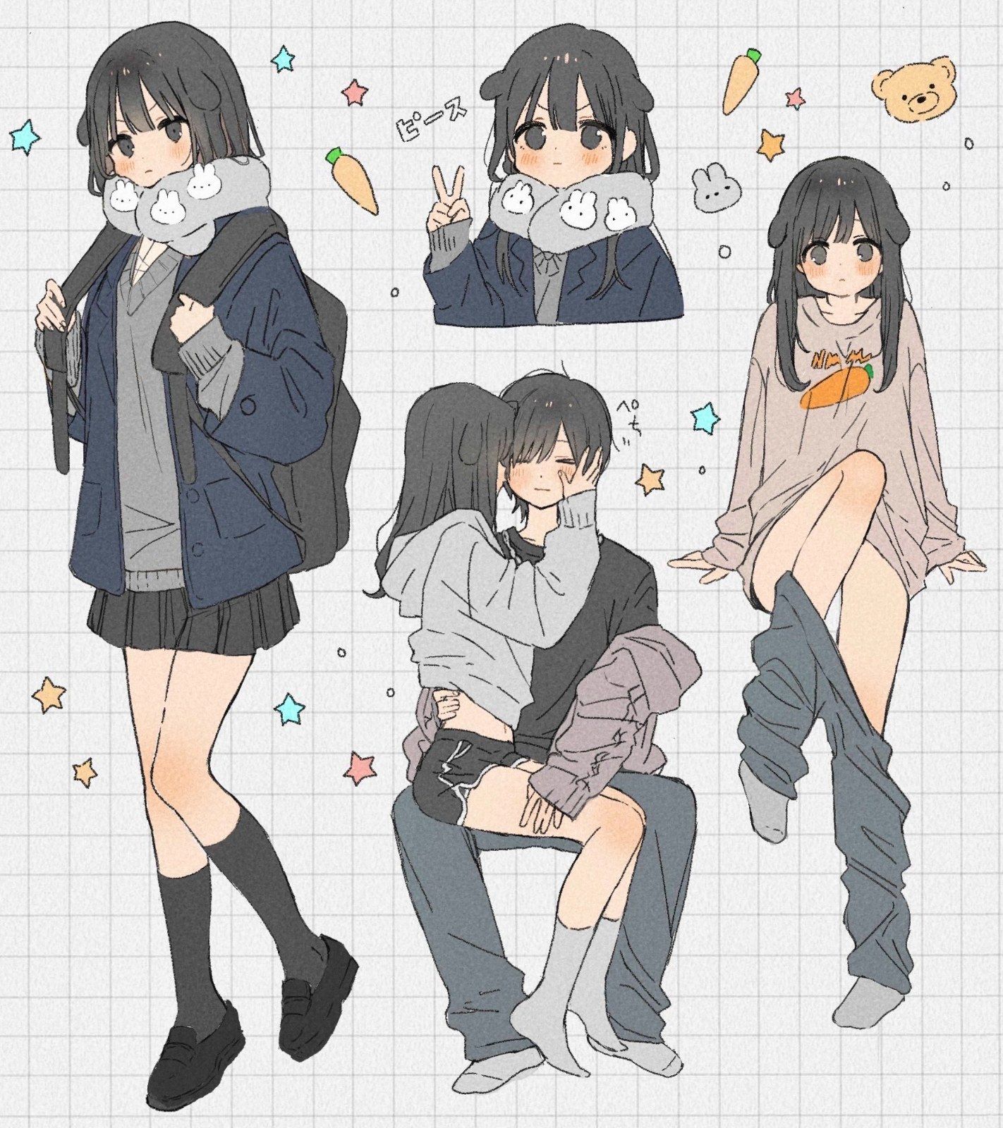 日系插畫描繪黑髮少女情侶溫馨日常