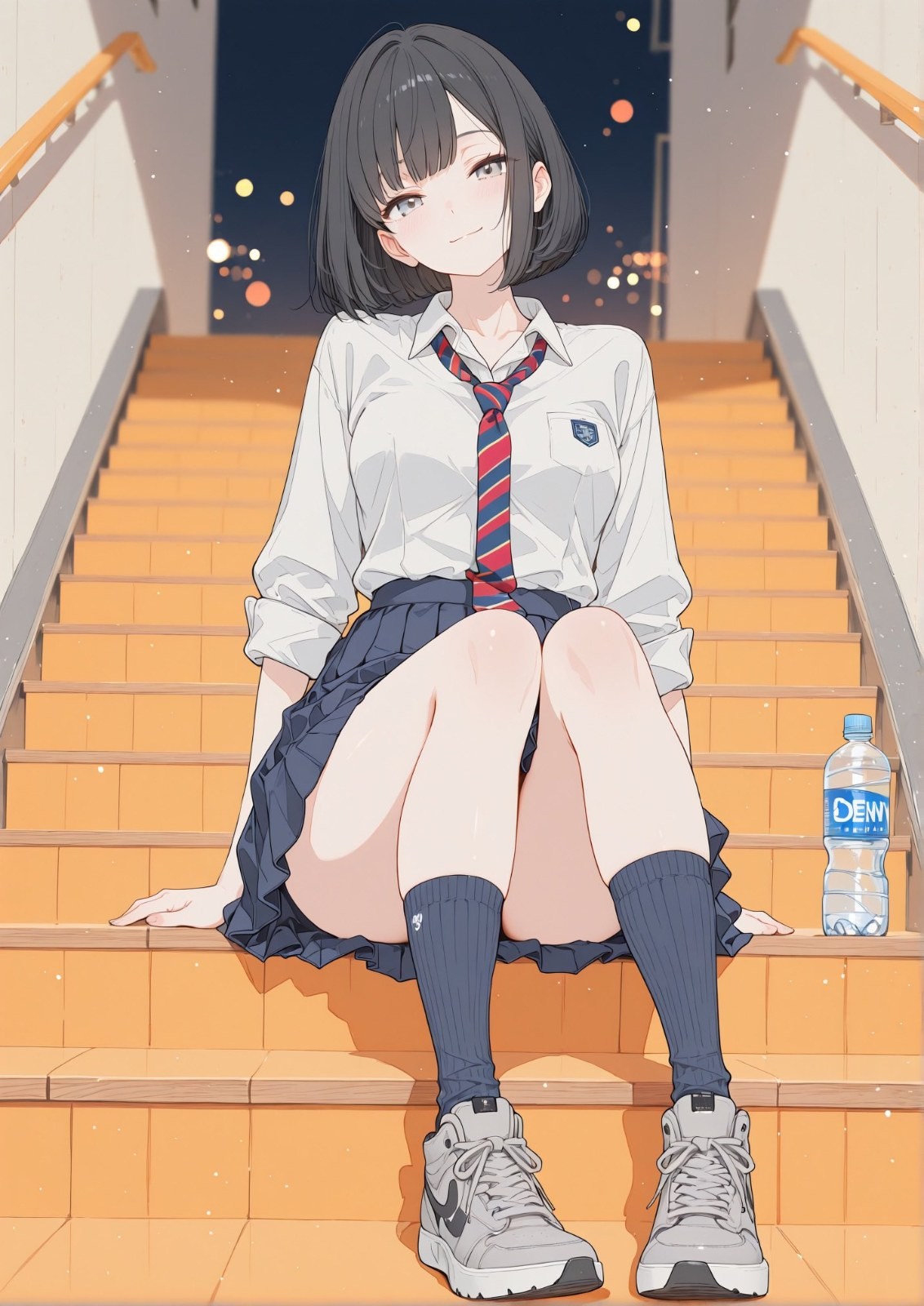 黑色短发少女穿白衬衫百褶裙坐在夜晚木质楼梯上
