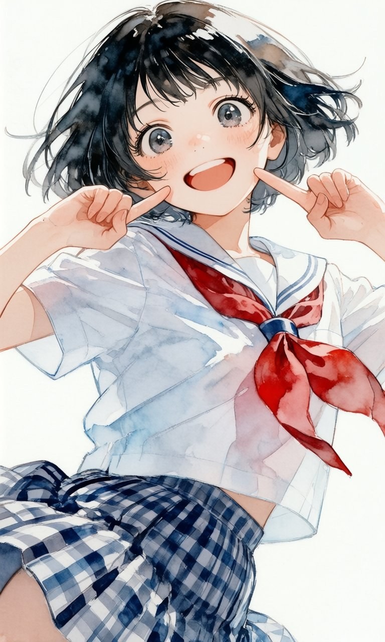 Chica de pelo negro corto con traje marino blanco y falda de cuadros azul y blanco sonriendo