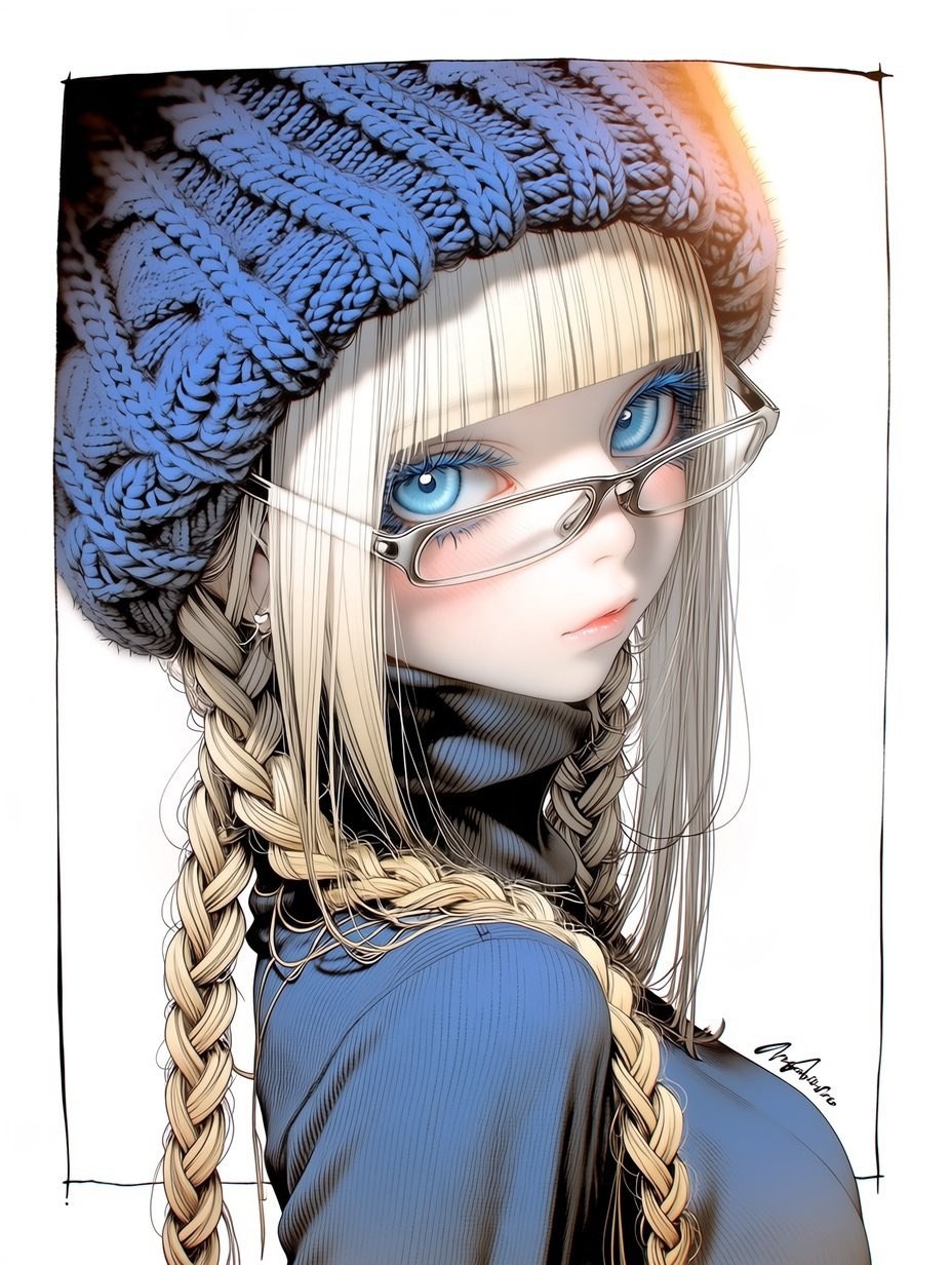 A blonde girl in a blue knitted hat and a dark blue turtleneck sweater is looking back