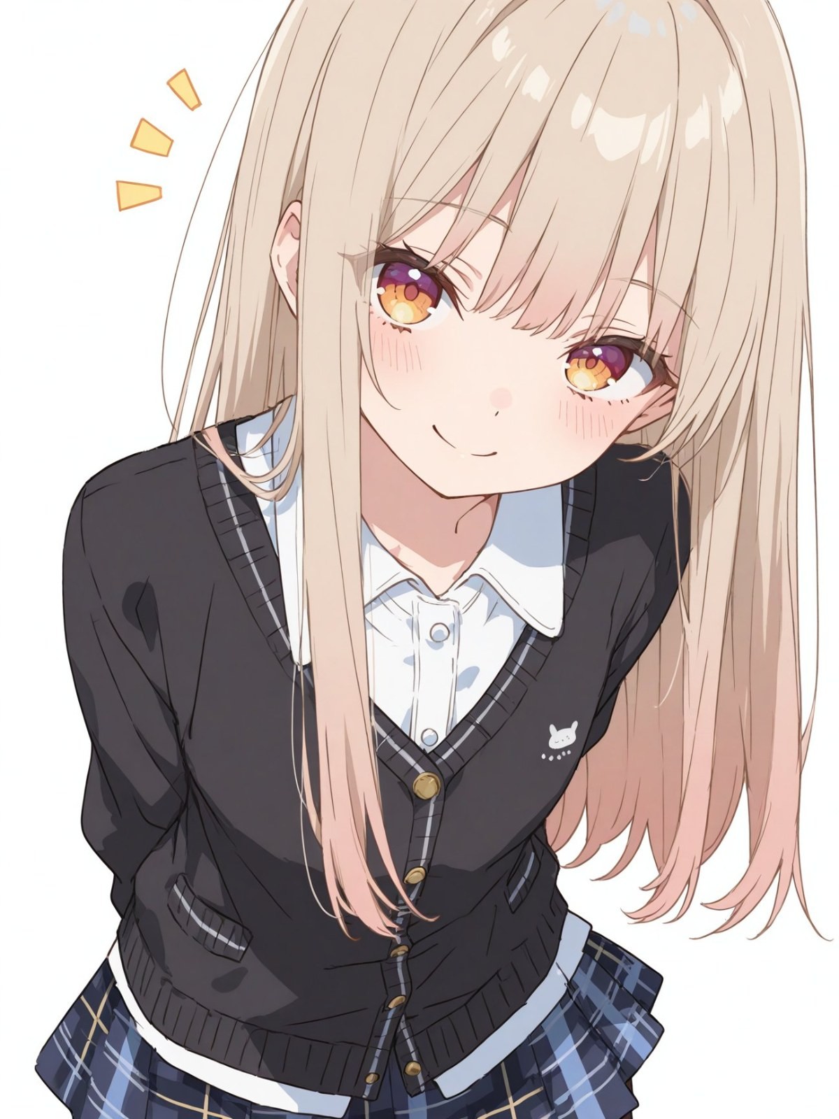 淺金發動漫少女穿黑開衫白襯衫藍格裙