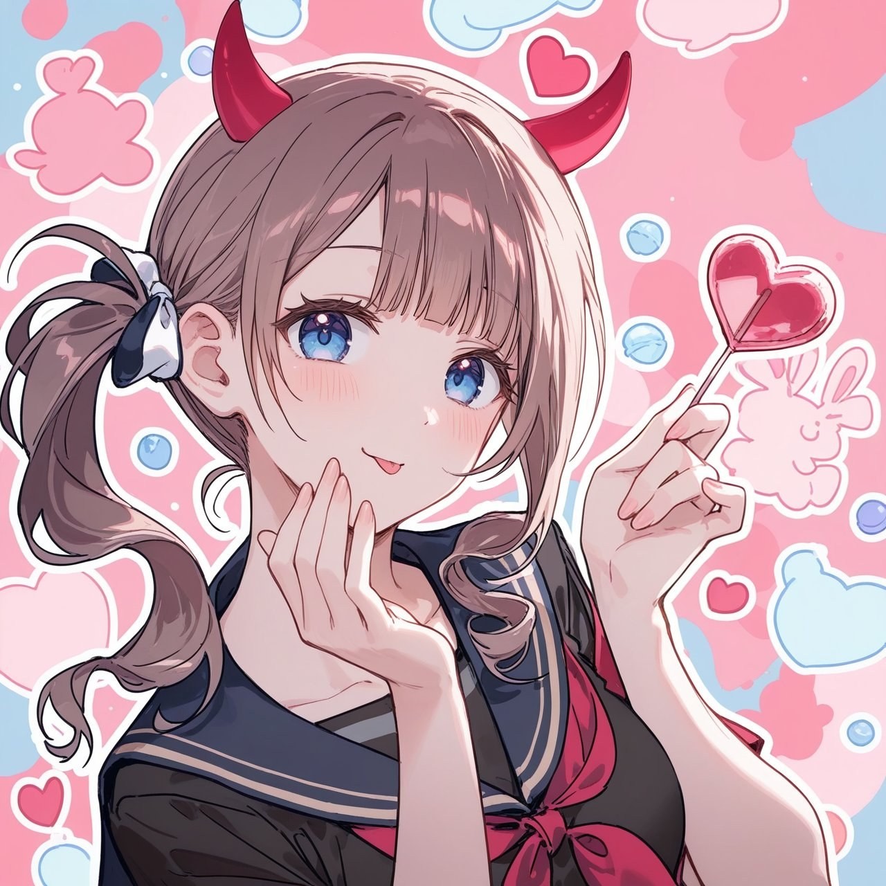 Garota anime de cabelo castanho claro segurando um pirulito vermelho em forma de coração