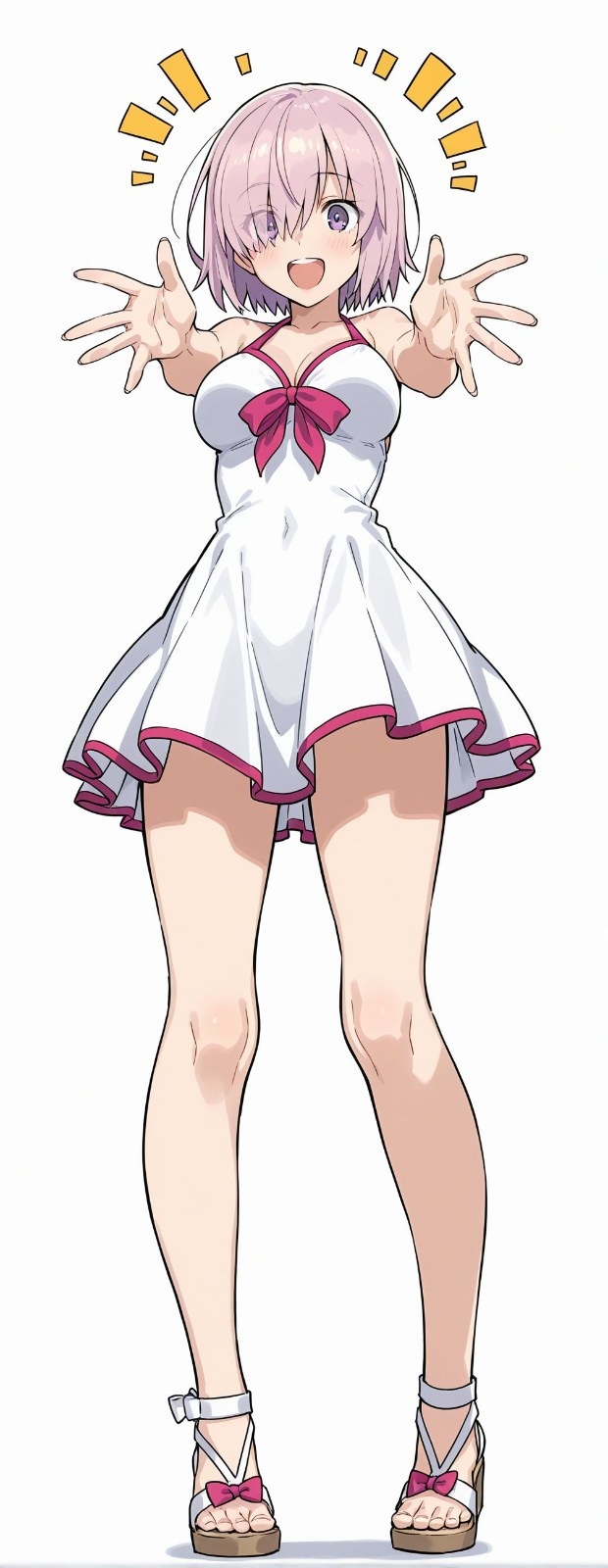Chica anime de pelo rosa con vestido blanco sonriendo con brazos abiertos