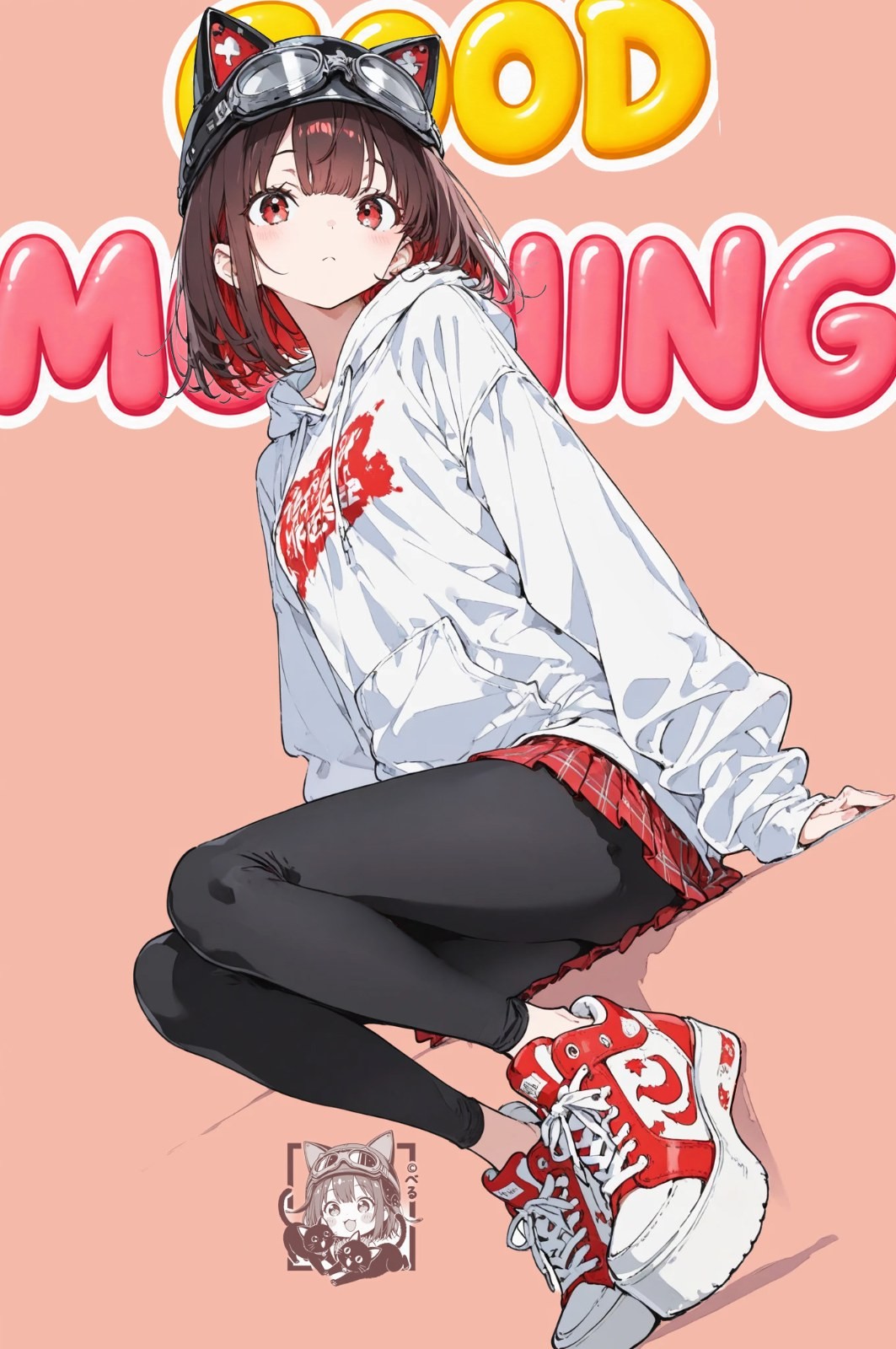 Chica de anime lleva una sudadera blanca con capucha y una falda corta de cuadros rojos