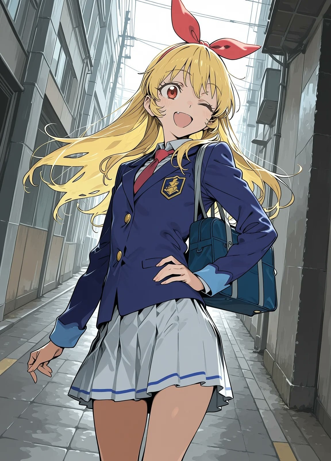 Chica anime rubia con uniforme azul marino y falda blanca en callejón
