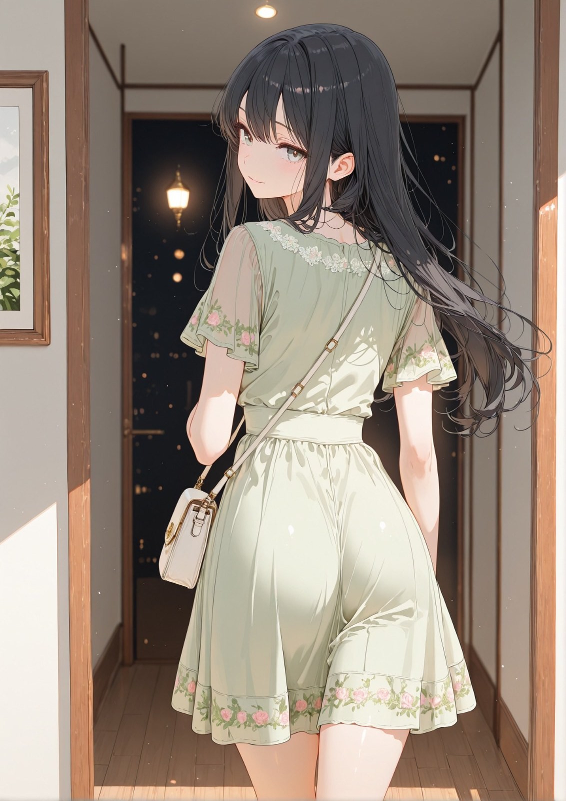 A girl in a sheer sleeve dress glances back