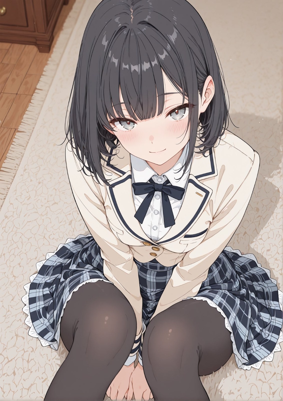Short black-haired girl in beige sailor top and plaid pleated skirt sitting on rug