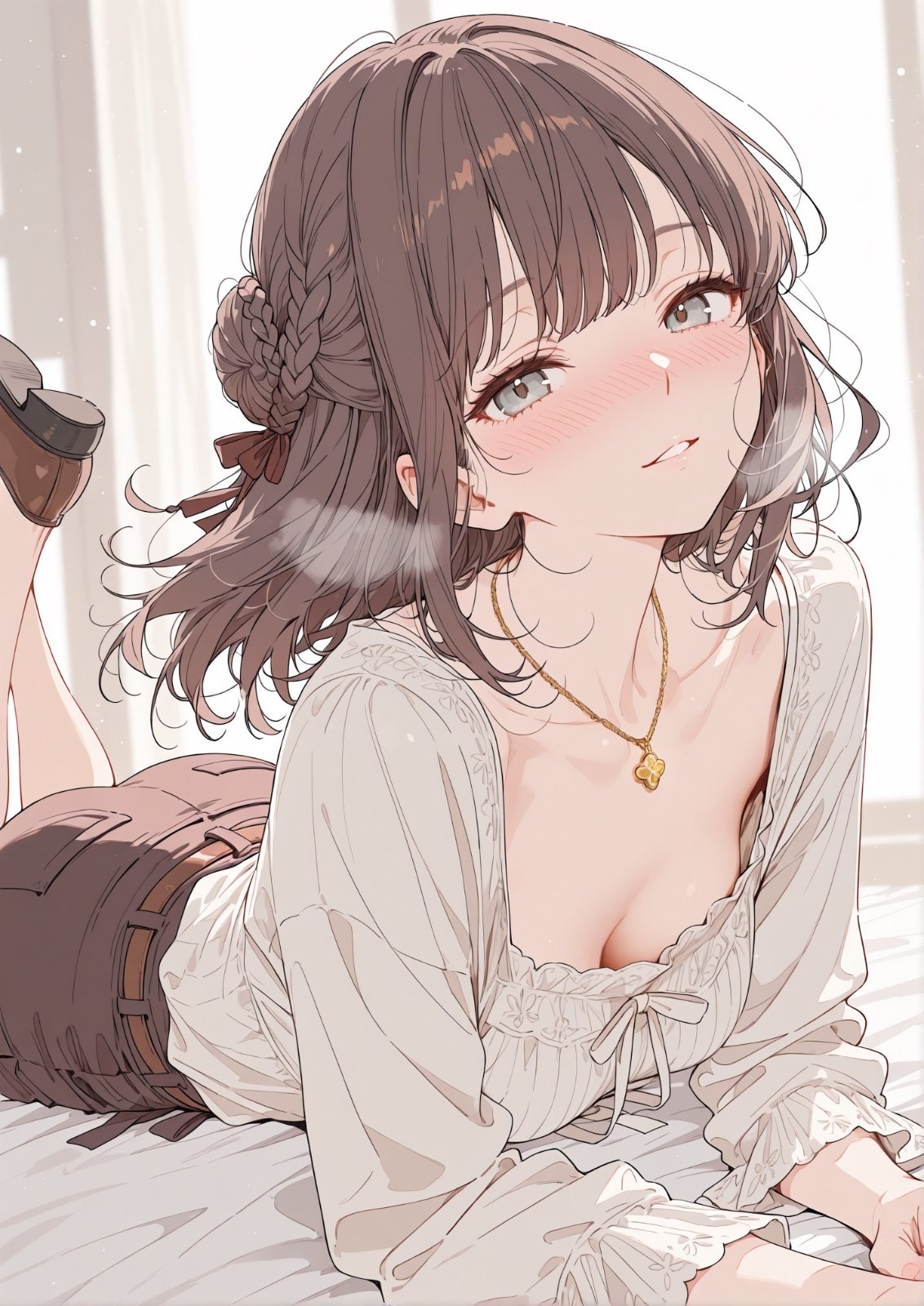 Brown-haired girl in light low-cut ribbon dress lying on white bed