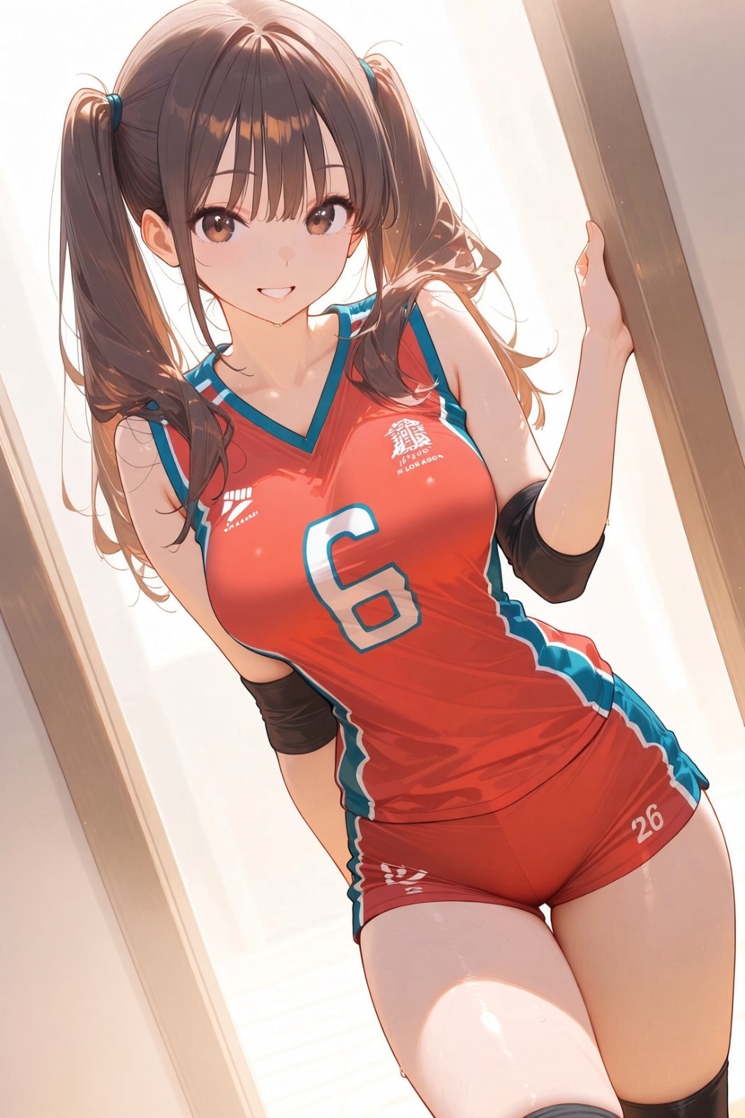 A brown twin-tailed female character wearing a red volleyball uniform