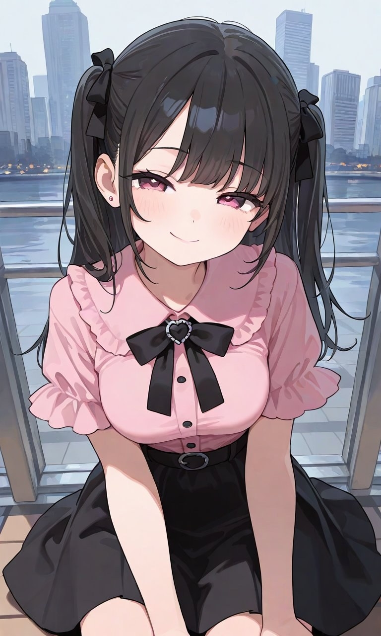 黑色雙馬尾少女穿粉色荷葉邊襯衫與黑色短裙跪坐陽台