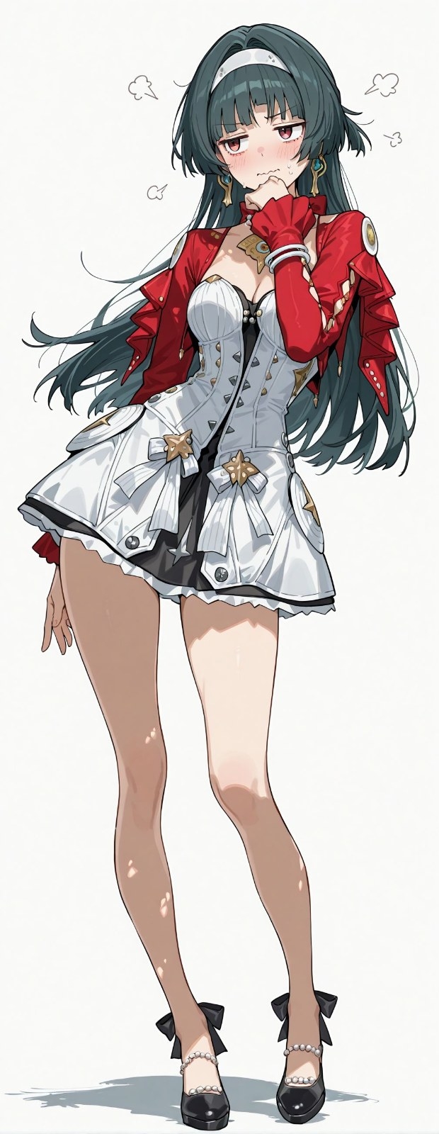Anime-Figur mit dunkelgrünen Haaren in rot-weißem Outfit als Ganzkörperillustration