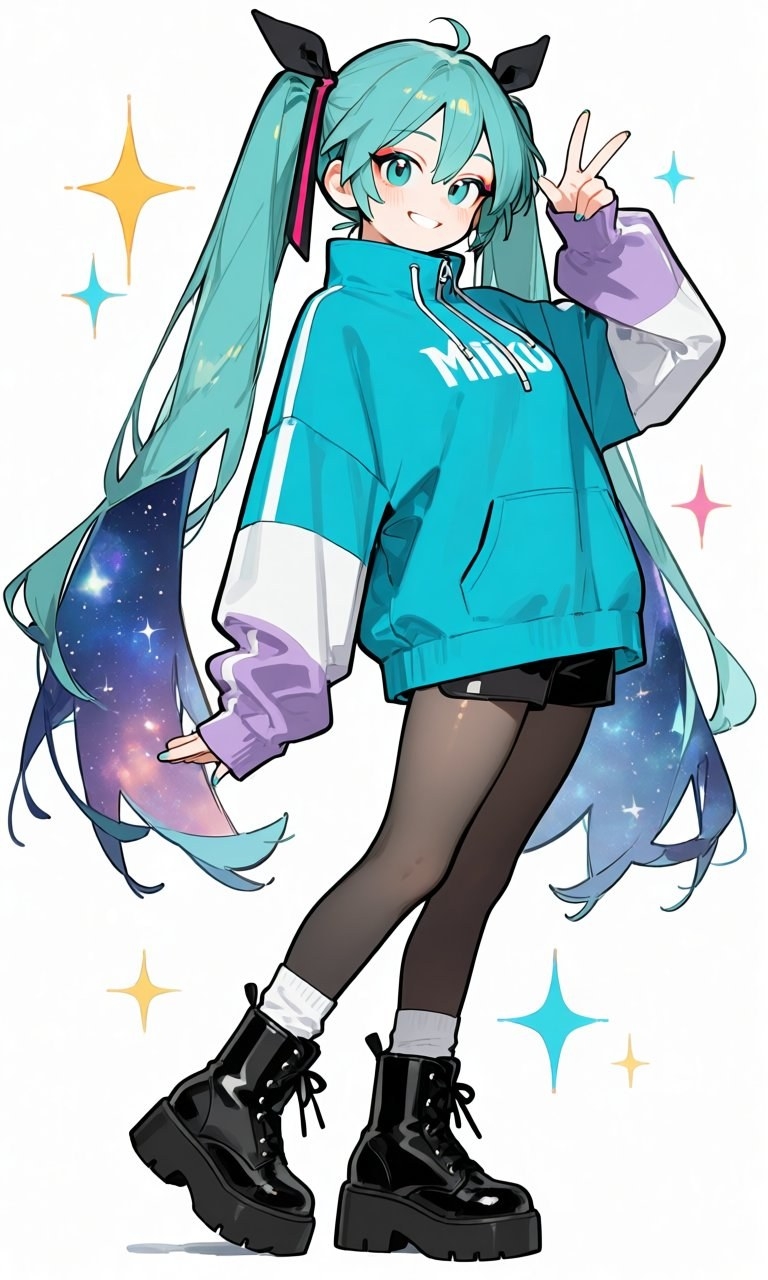 Chica anime de coletas verde azulado con sudadera y shorts